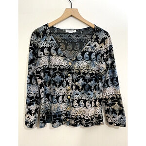 Citron Santa Monica Womens Burnout Velvet Paisley Sheer Blouse Top M Artsy Fairy